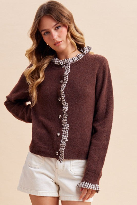 Gingham Ruffle Cardigan Brown