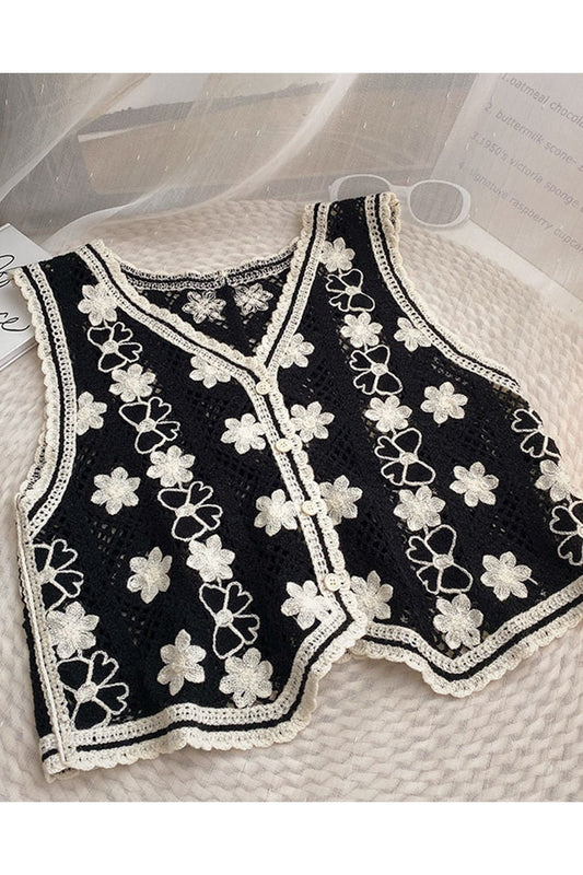 Crochet Embroidered Vest Black