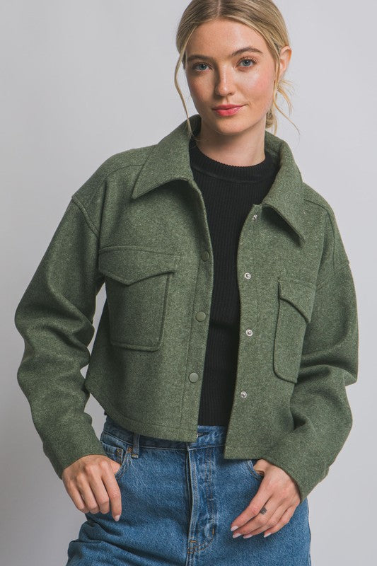 Fleece Cropped Olive Jacket