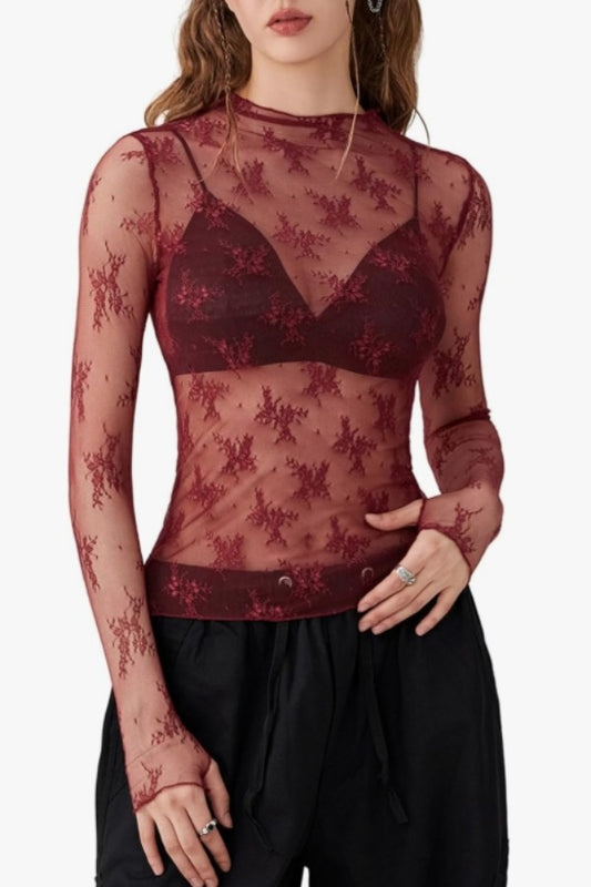 Mesh Lace Top Burgundy