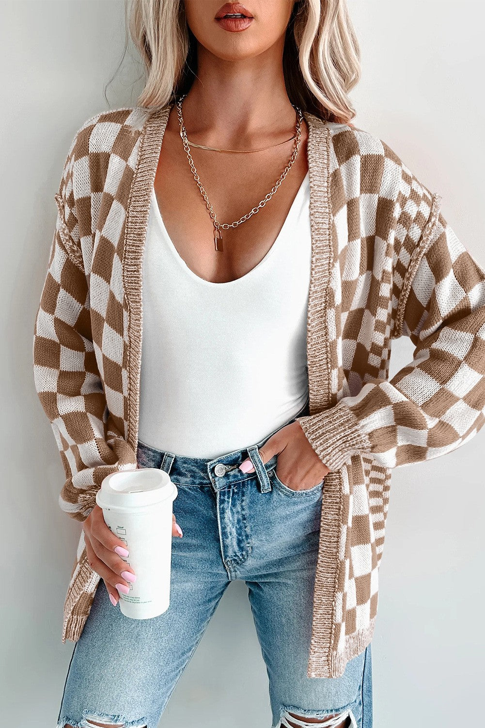 Checker Cardi Taupe