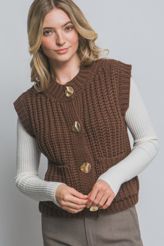 Knit Sweater Vest with Gold detail