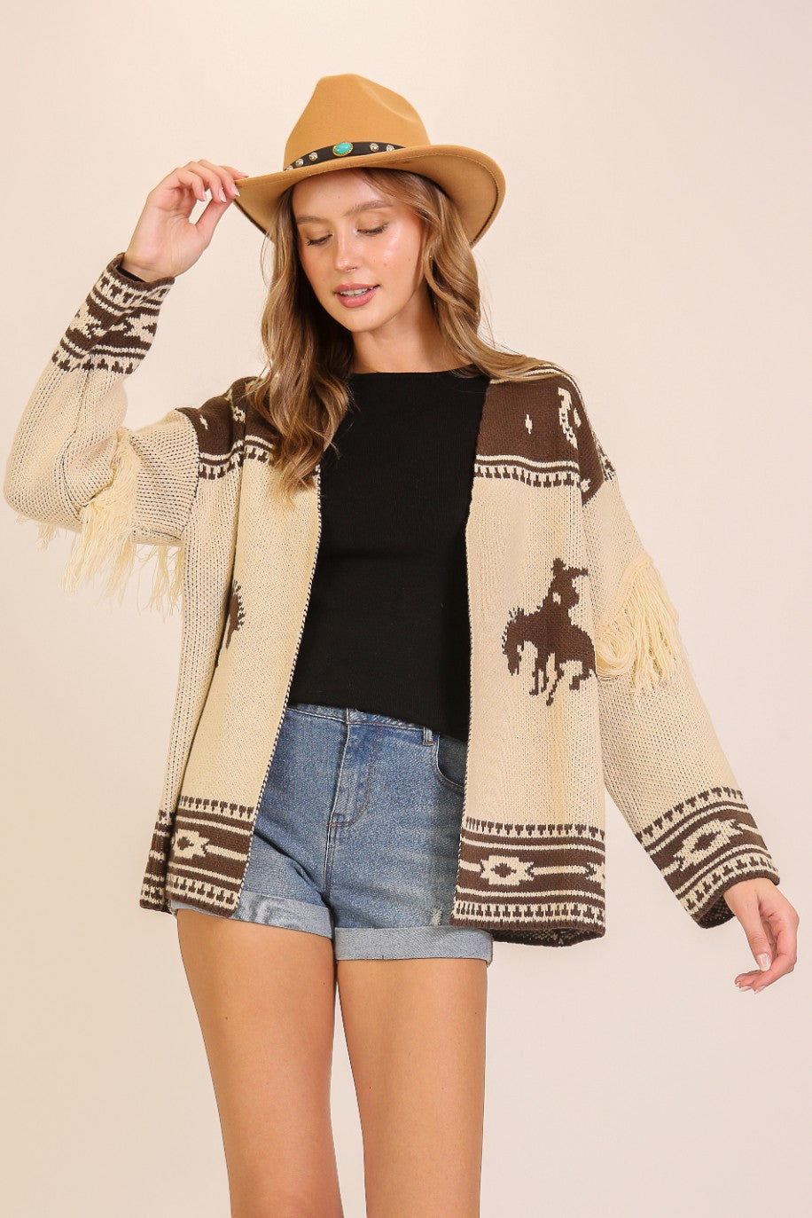 Western Fringe Cardi Cream