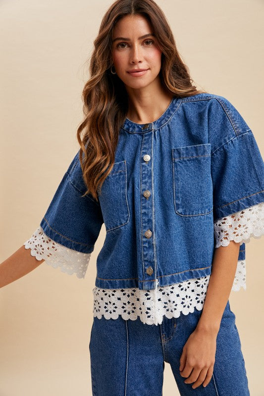 Lace Trimmed Denim Top