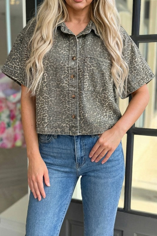 Leopard Denim Button Up