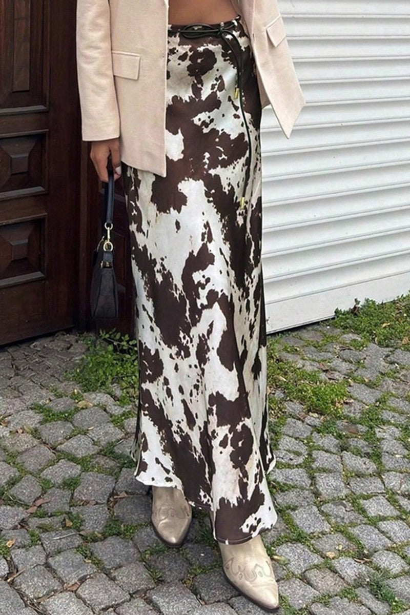 Satin Cow Print Skirt Brown