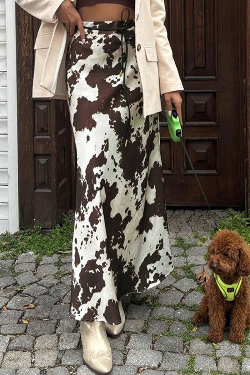 Satin Cow Print Skirt Brown