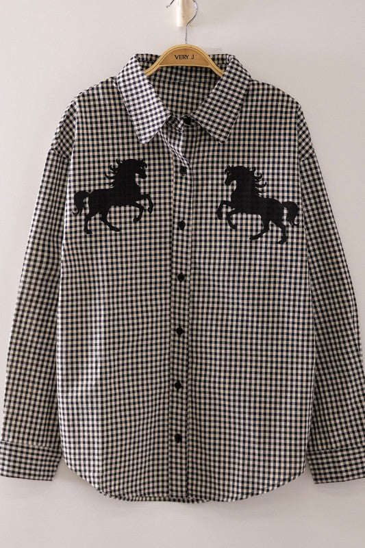 Gingham Horse Top Black