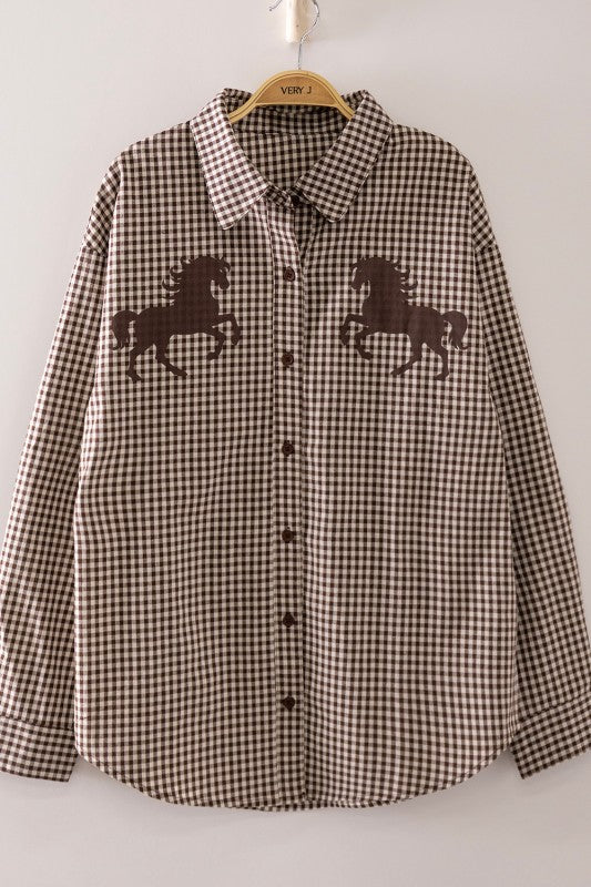 Gingham Horse Top Brown