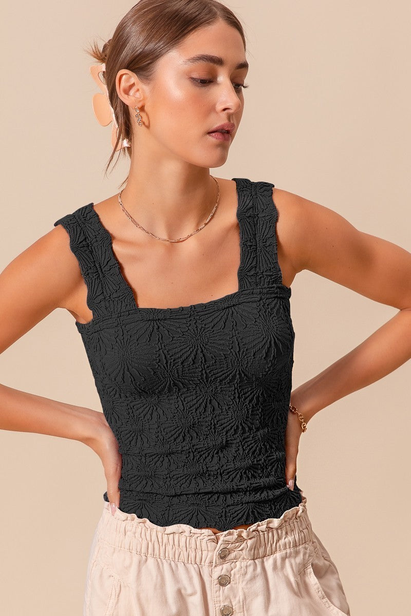 Floral Square Neck Tank Black
