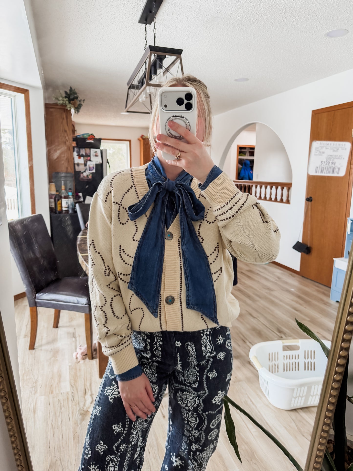 Tie Neck Denim Button Up