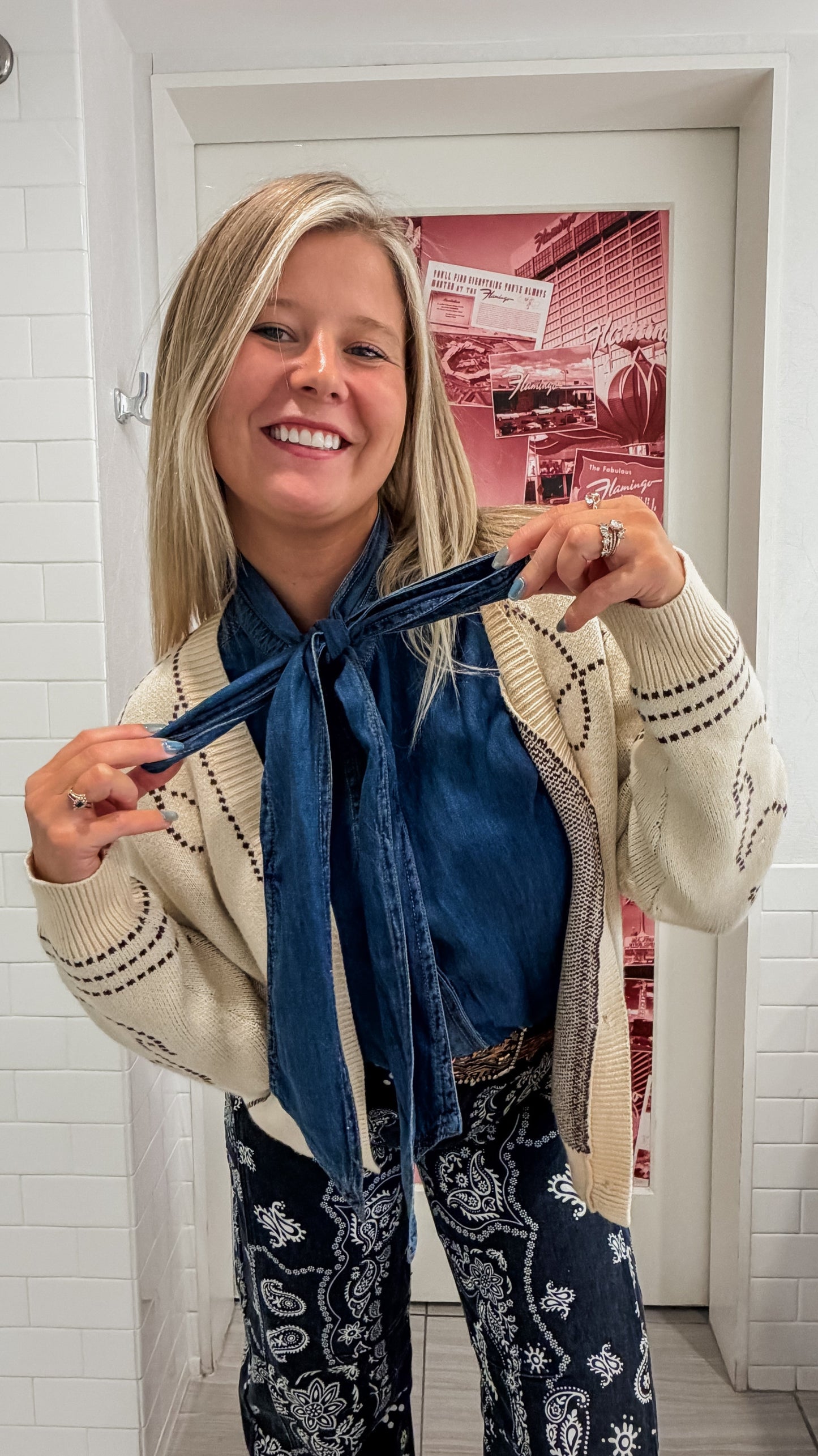 Tie Neck Denim Button Up