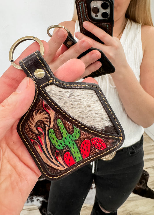 Cactus Red Cow Tag Keychain