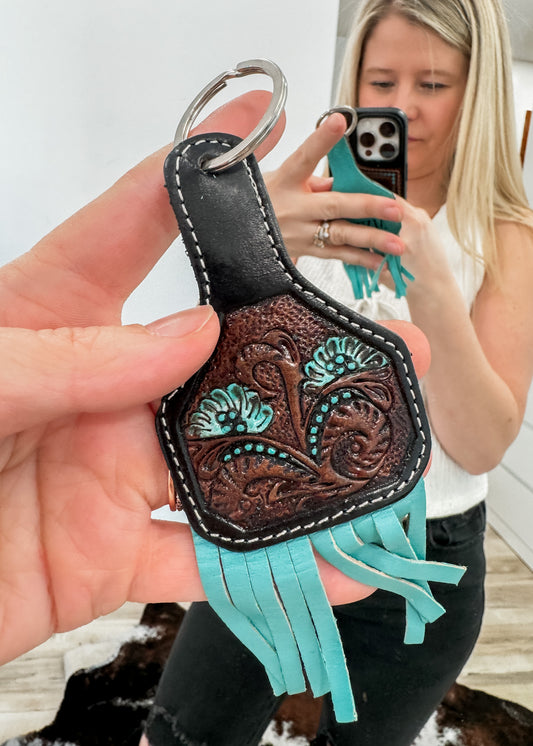 Tooled Cow Tag Keychain