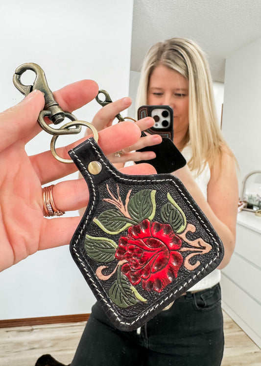 Red Floral Cow Tag Keychain