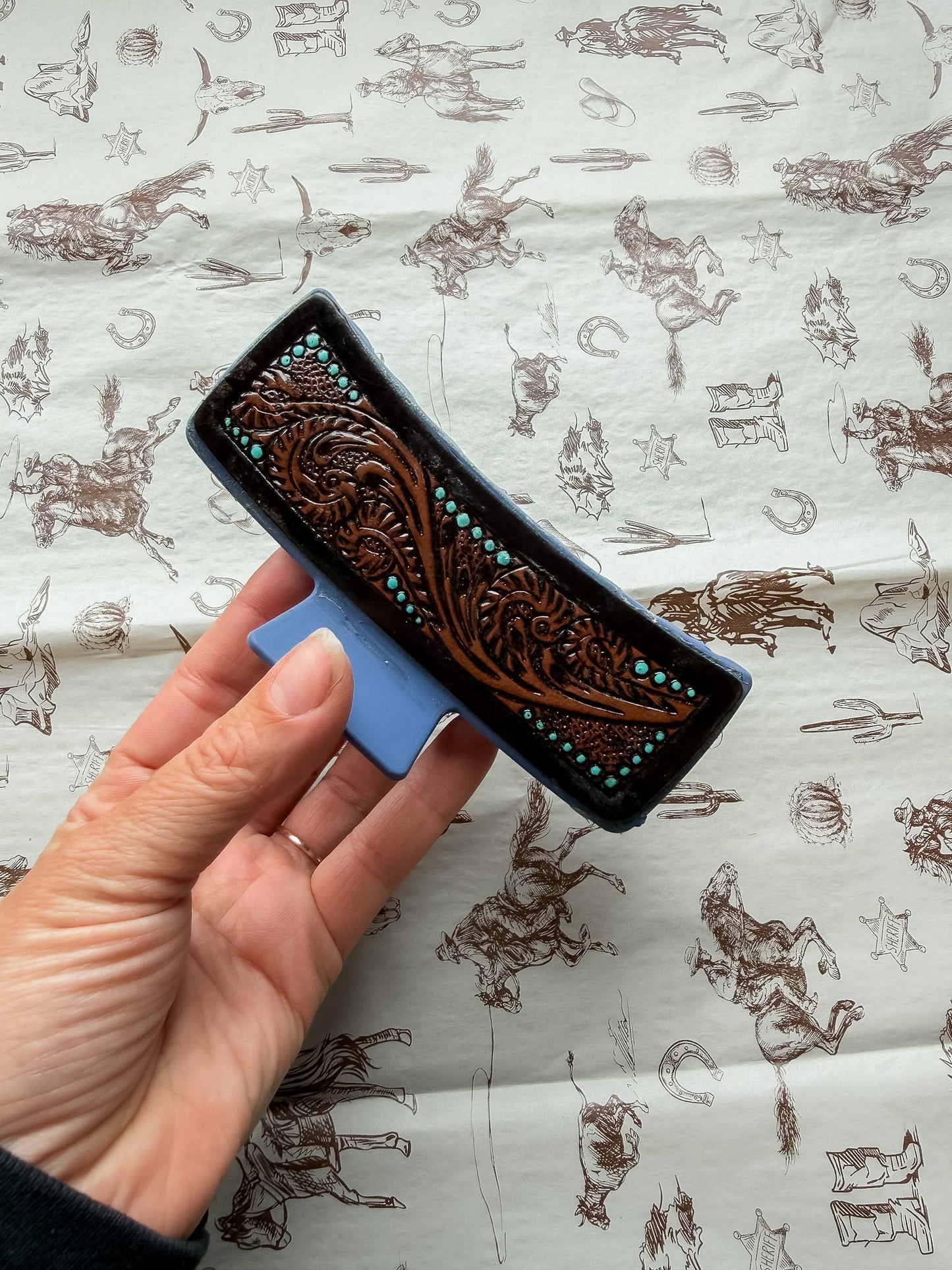 Dark Blue Tooled Large Hair Clip