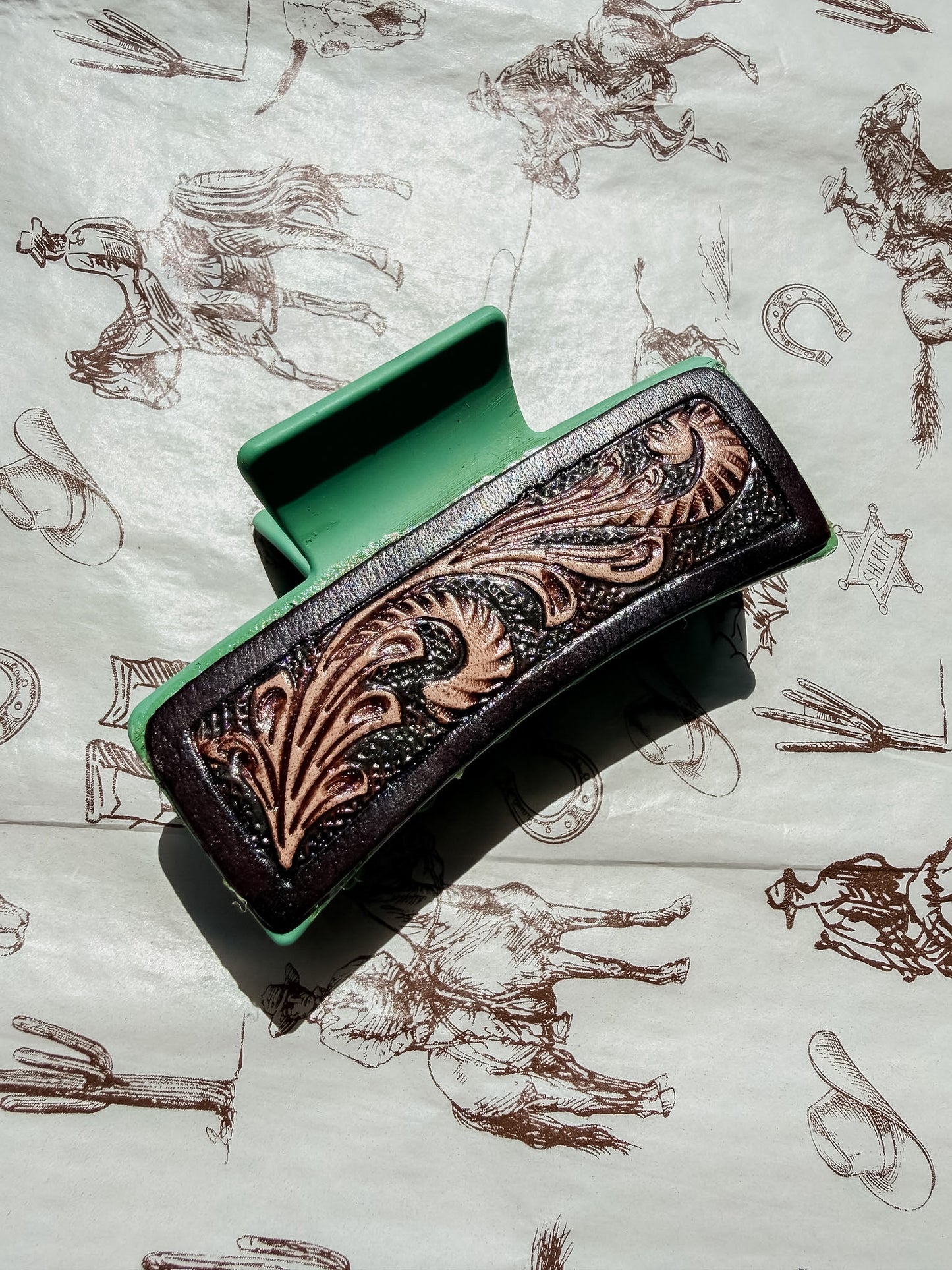 Green Tooled Hair Clip
