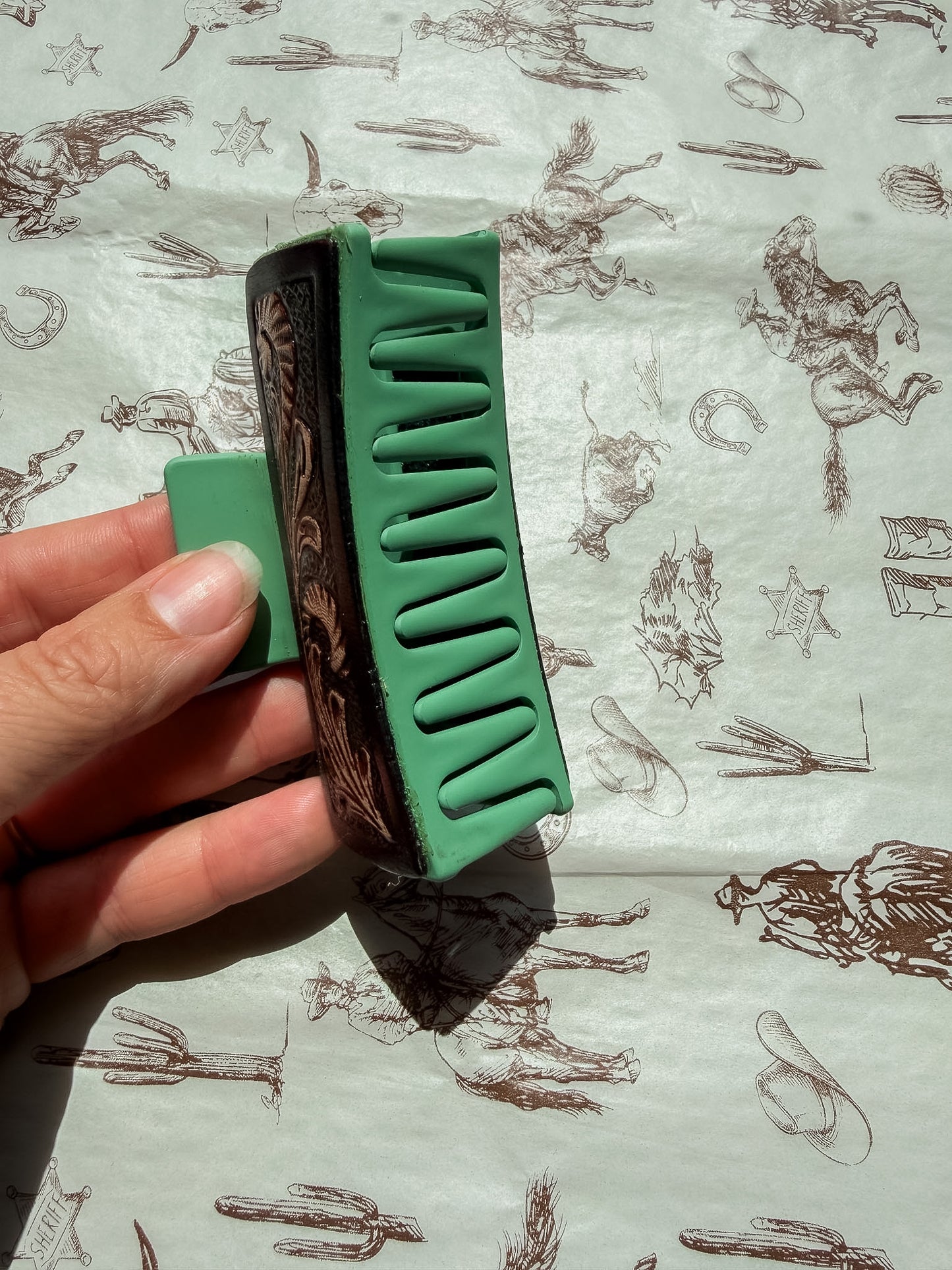 Green Tooled Hair Clip