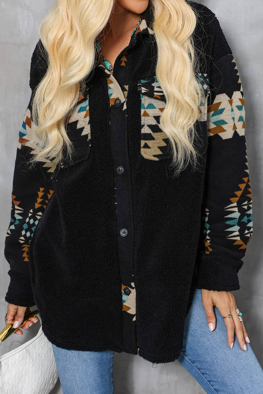 Black Sherpa Aztec Button Up